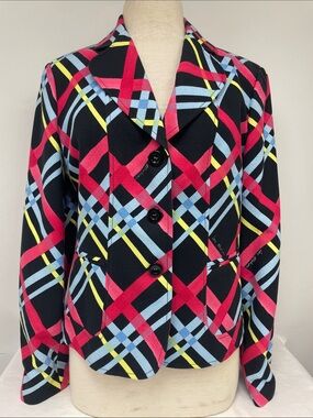 Love Moschino Black Plaid Blazer with Pink, Light Blue & Yellow Stripes